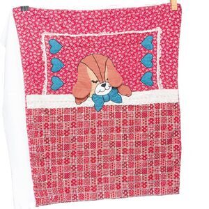 Vgt Hand Sewn Stitched Red BlueBaby Quilt Blanket Sleeping 3D Dog Hearts 50"x40"